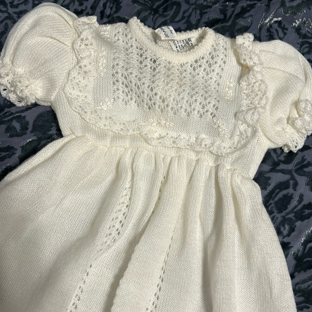Vintage Newborn White Dress neutral Floral Christening Gown Long Easter